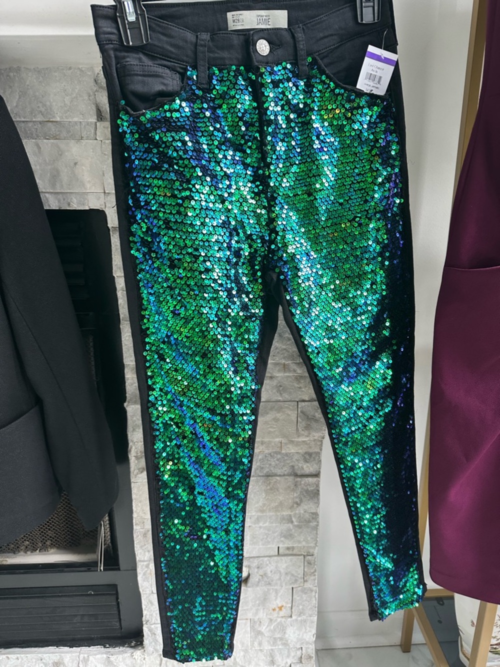 Topshop Shimmering Blue-Green Sequin Jeans